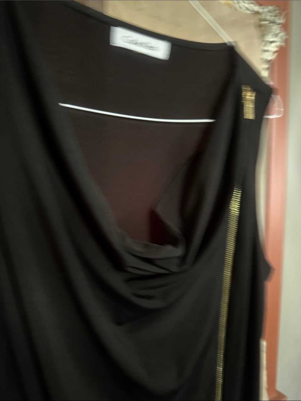 Calvin Klein Black Sleeveless Draped Neck Dress with Gold Zip Detail S-13